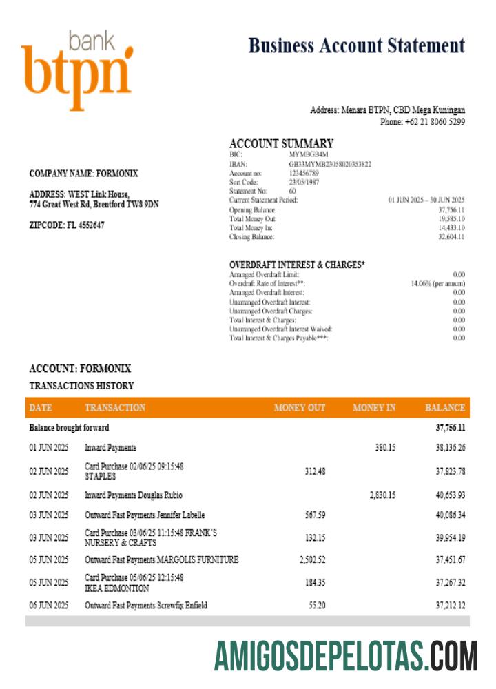 Exemplo de extrato bancário comercial BTPN em formato Word e PDF
